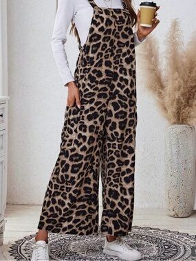Leopard Print Sleeveless Jumpsuit Dressy Overalls - Black & Tan